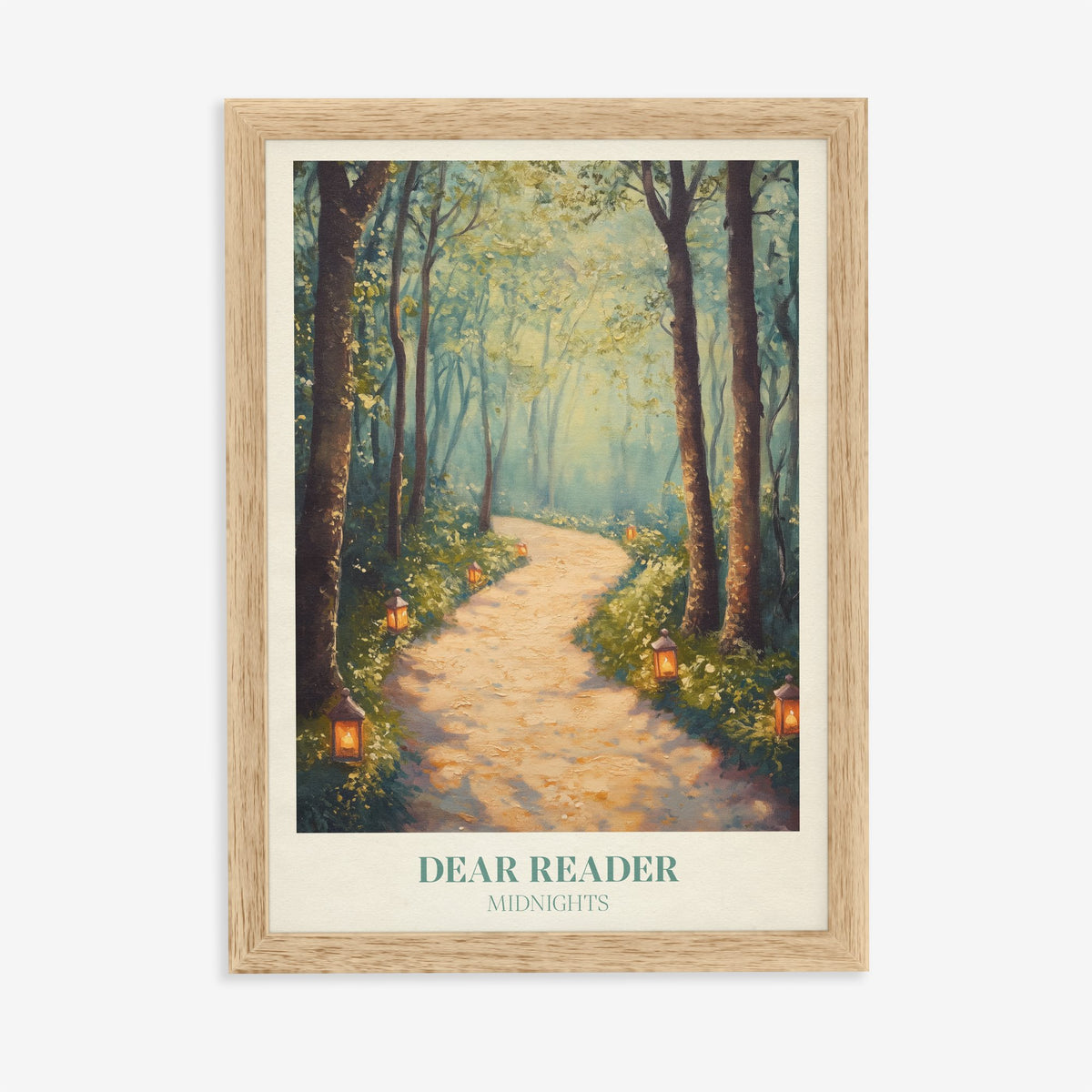 Dear Reader Taylor Swift print of a sunlit woodland path with small lanterns, in an oak frame on a plain wall