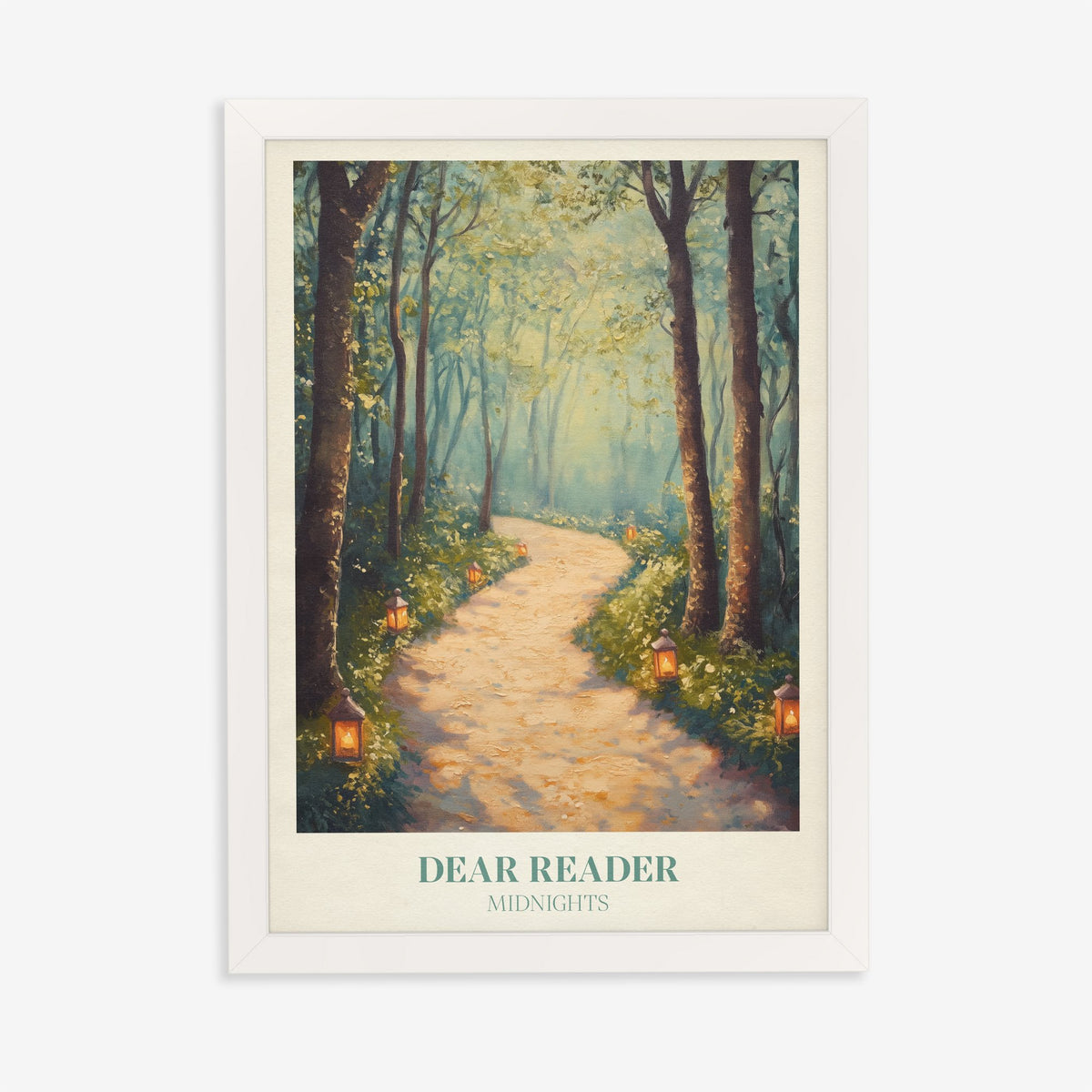 Dear Reader Taylor Swift print of a sunlit woodland path with small lanterns, in a white frame on a plain wall