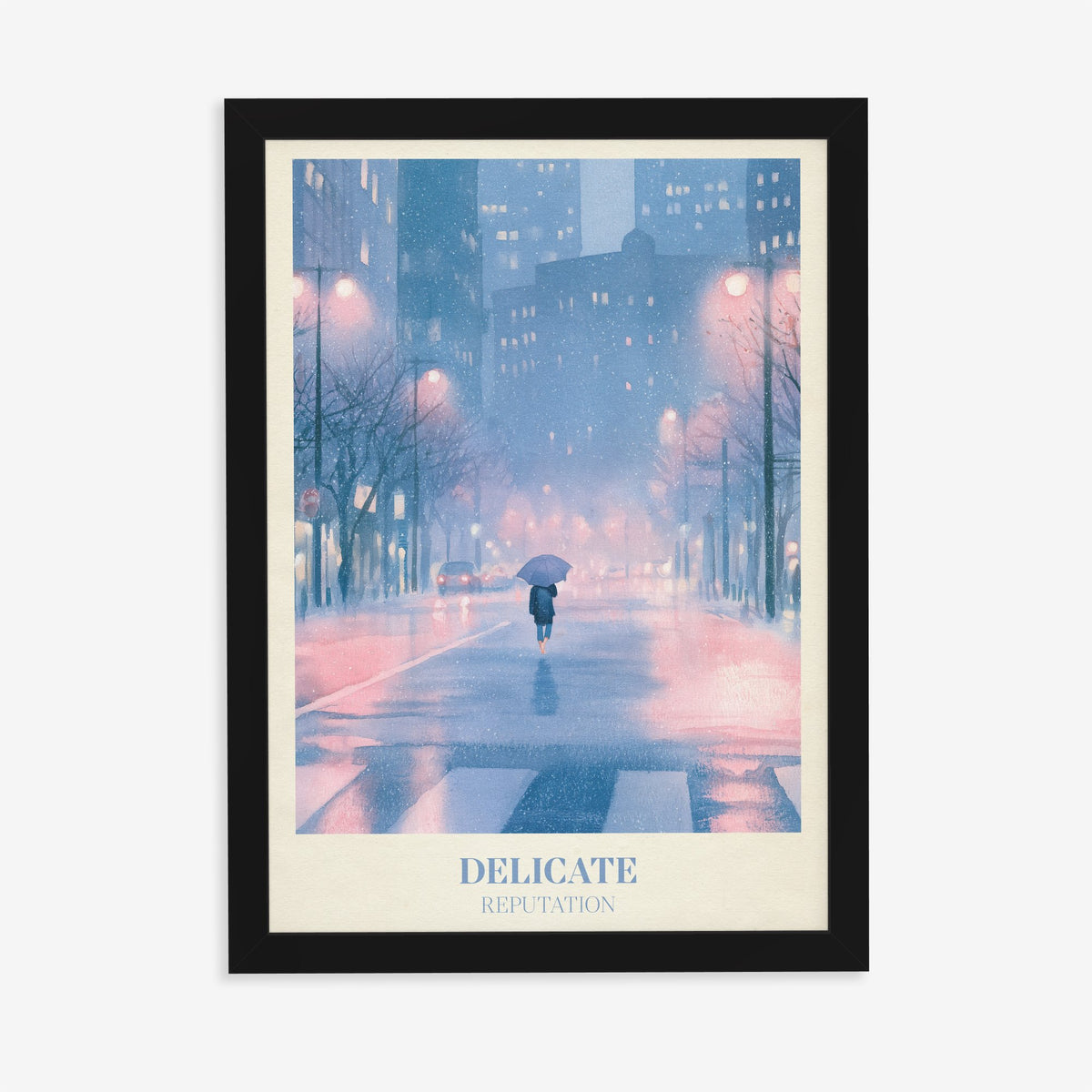 Delicate Taylor Swift print of a rainy city street at night, in a black frame on a plain wall