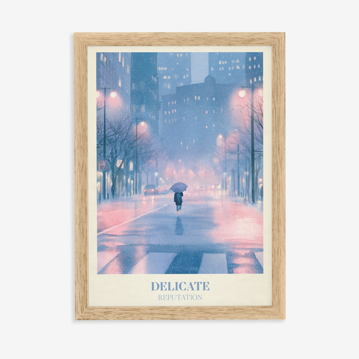 Delicate Taylor Swift print of a rainy city street at night, in an oak frame on a plain wall