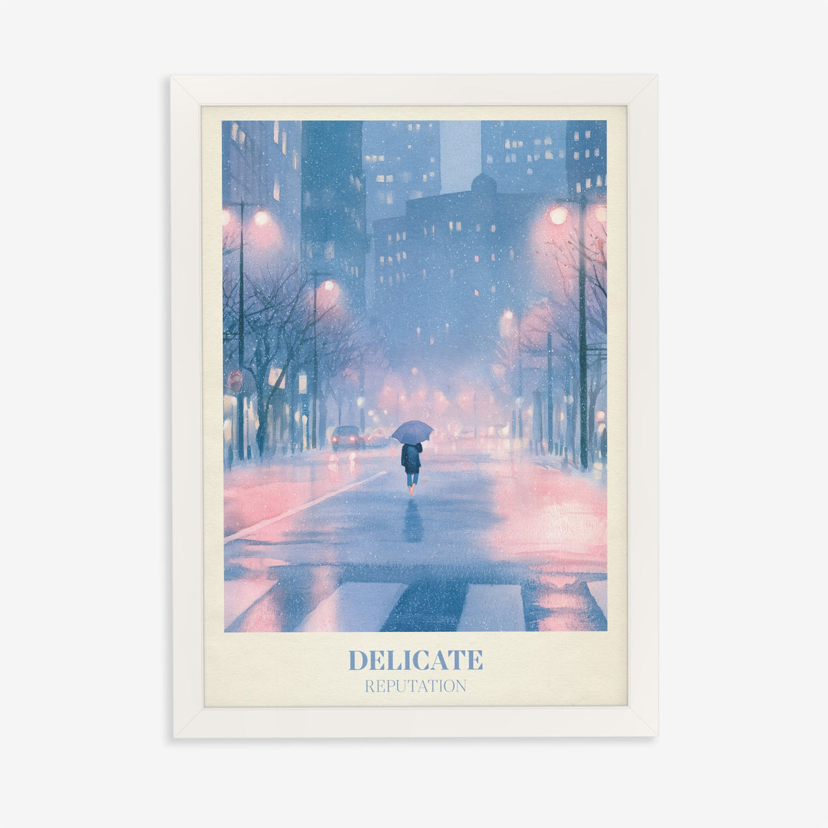 Delicate Taylor Swift print of a rainy city street at night, in a white frame on a plain wall