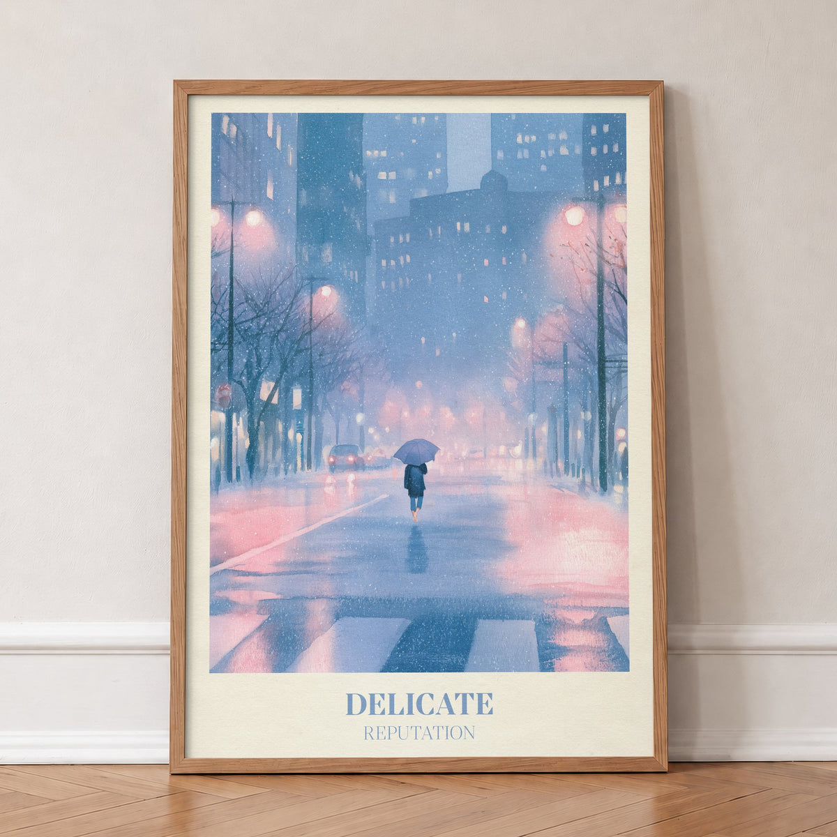 Delicate Taylor Swift print of a rainy city street at night, in an oak frame, leaning against a wall on a herringbone floor