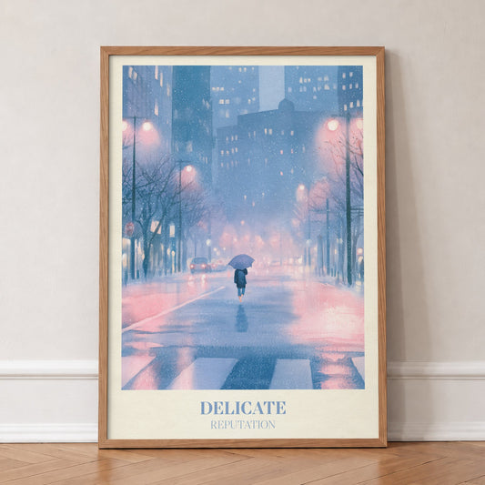 Delicate Taylor Swift print of a rainy city street at night, in an oak frame, leaning against a wall on a herringbone floor
