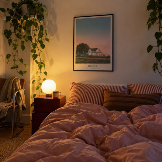 Doors Noah Kahan print of a white farmhouse glowing at dusk, in a black frame above a bed beside a globe lamp