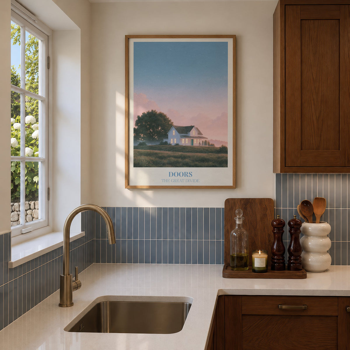Doors Noah Kahan print of a white farmhouse glowing at dusk, framed in a sunlit kitchen with blue tiles