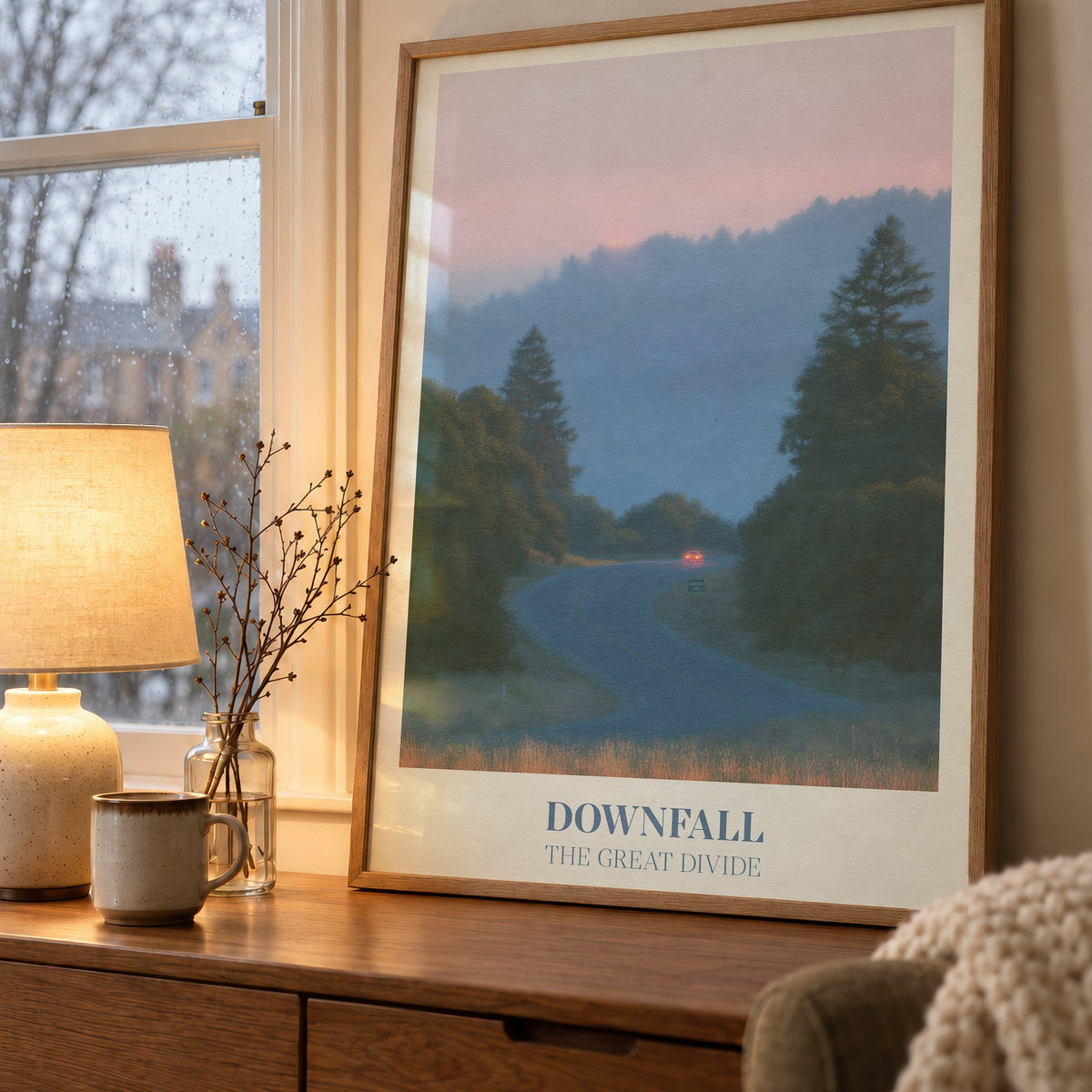 Downfall Noah Kahan print of a winding road through misty pine hills at dusk, framed on a wooden sideboard by a rainy window
