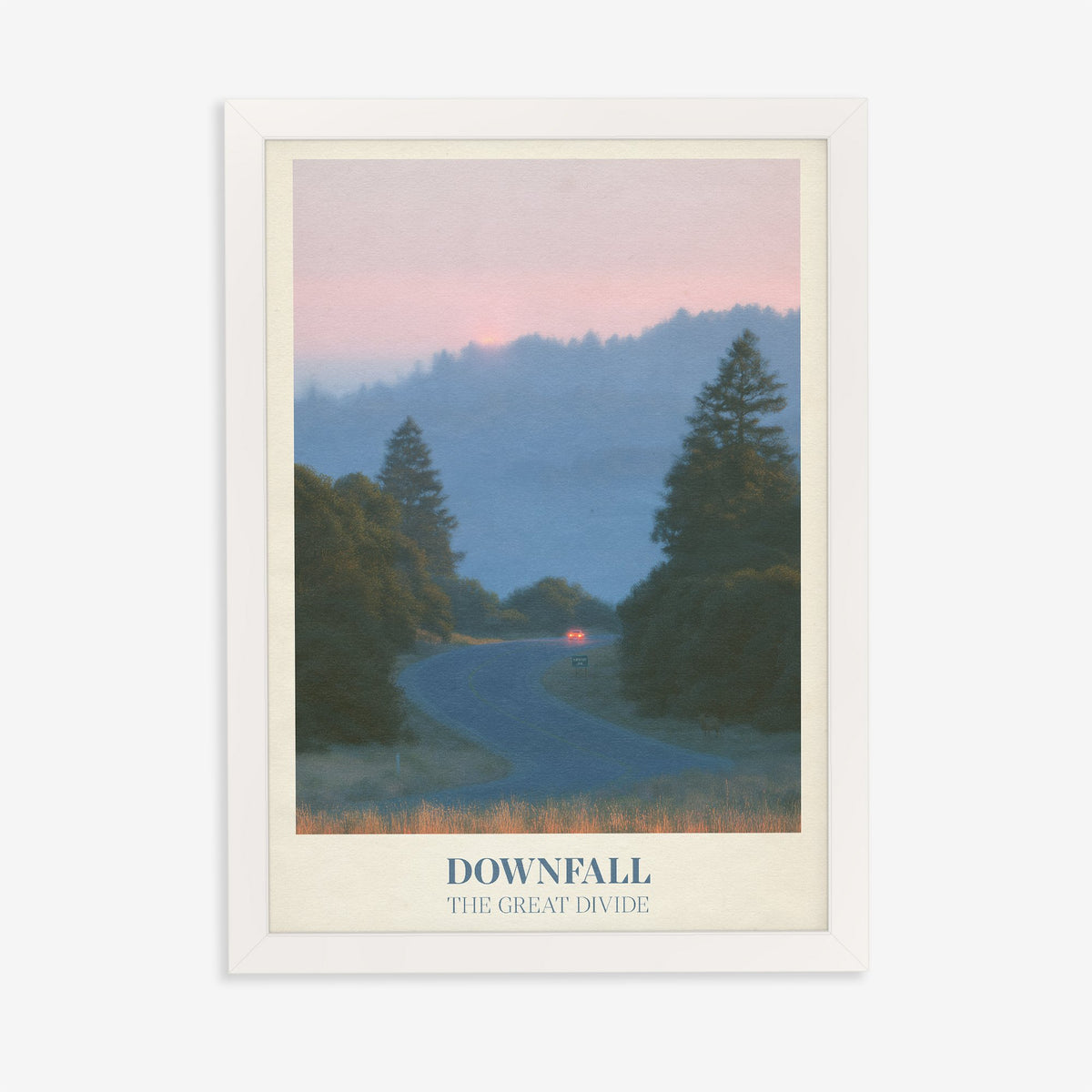 Downfall Noah Kahan print of a winding road through misty pine hills at dusk, in a white frame on a plain wall