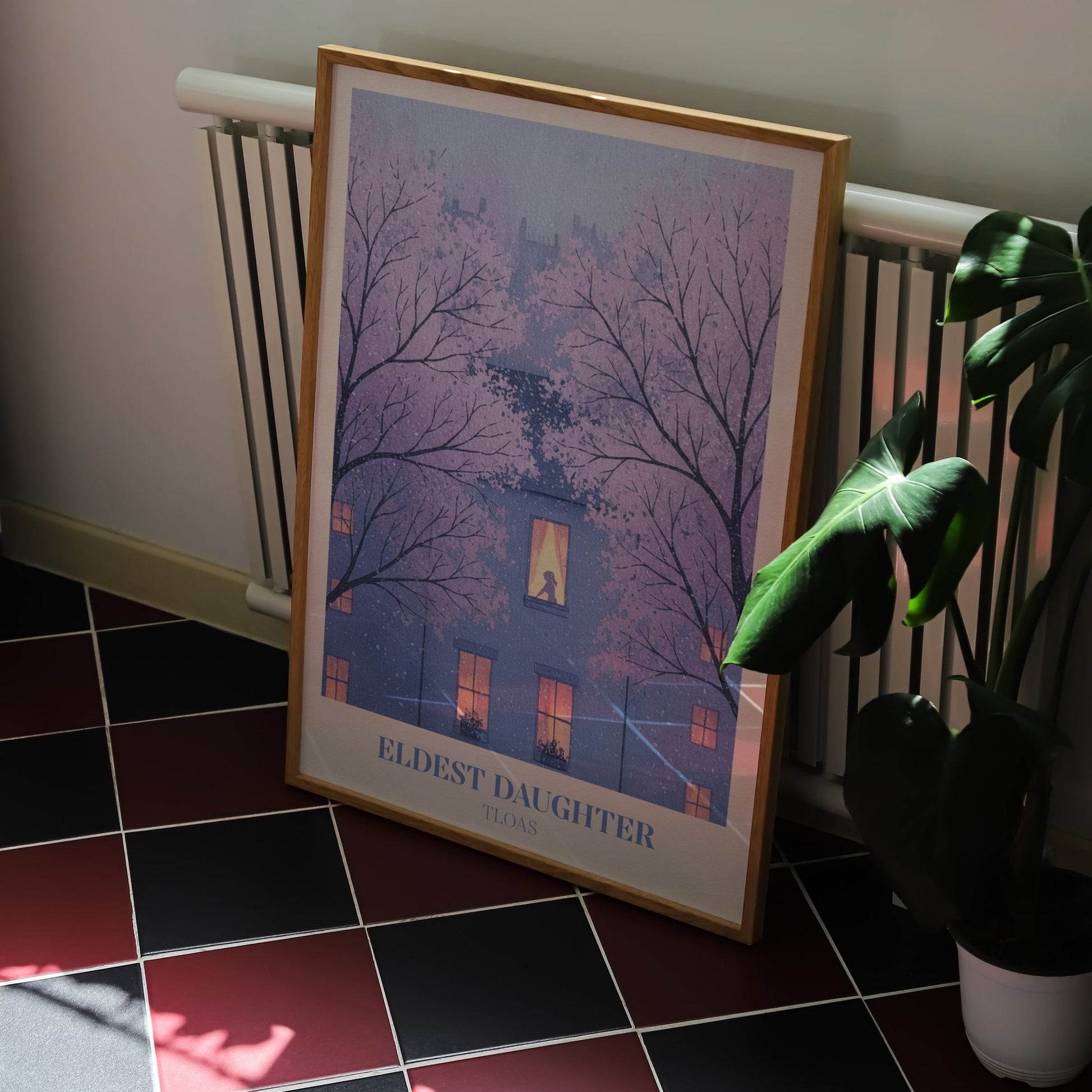 Eldest Daughter lyric wall art print inspired by Taylor Swift on a kitchen floor with red and black tiles