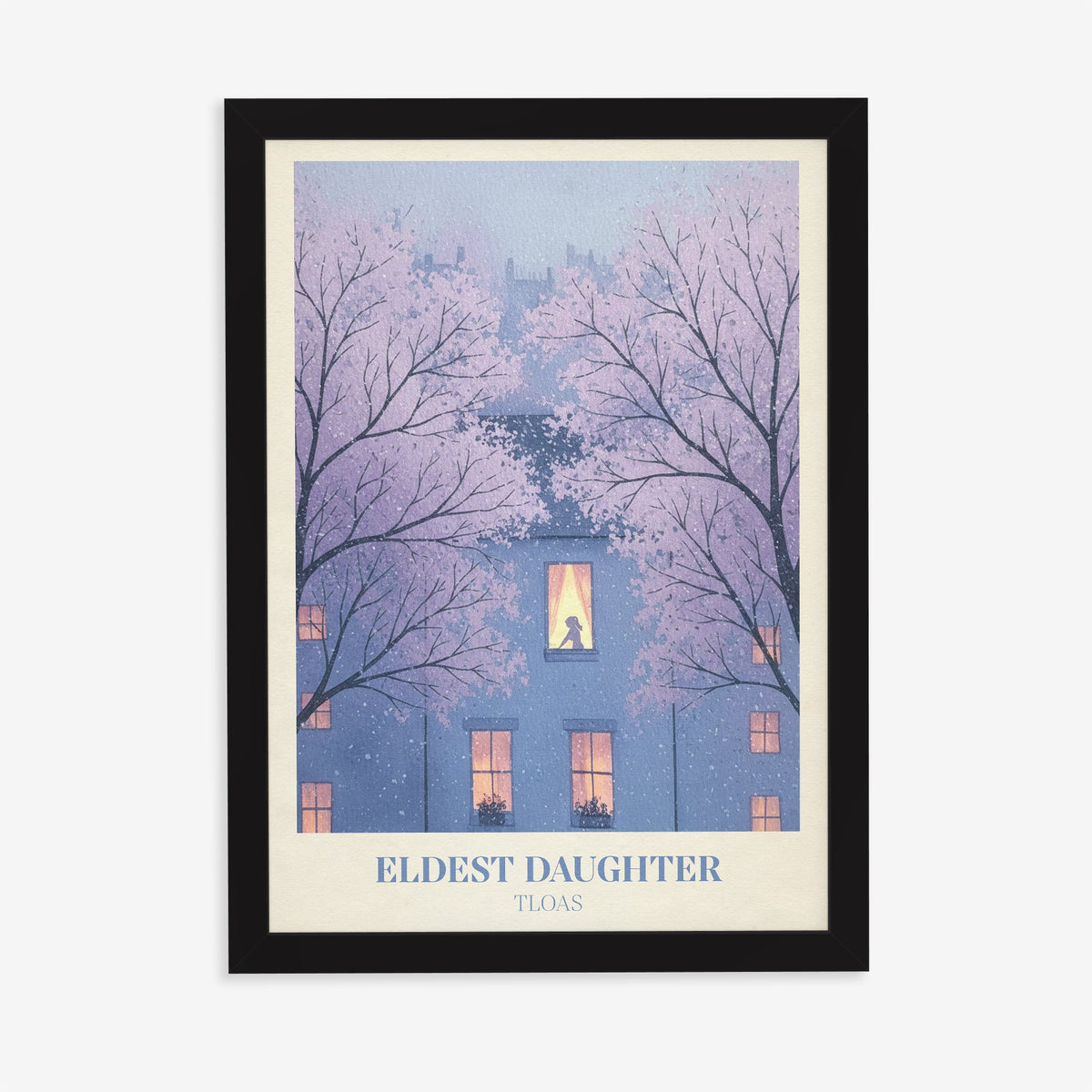 Eldest Daughter Taylor Swift print of a glowing window in a blue house among blossom trees, in a black frame on a plain wall