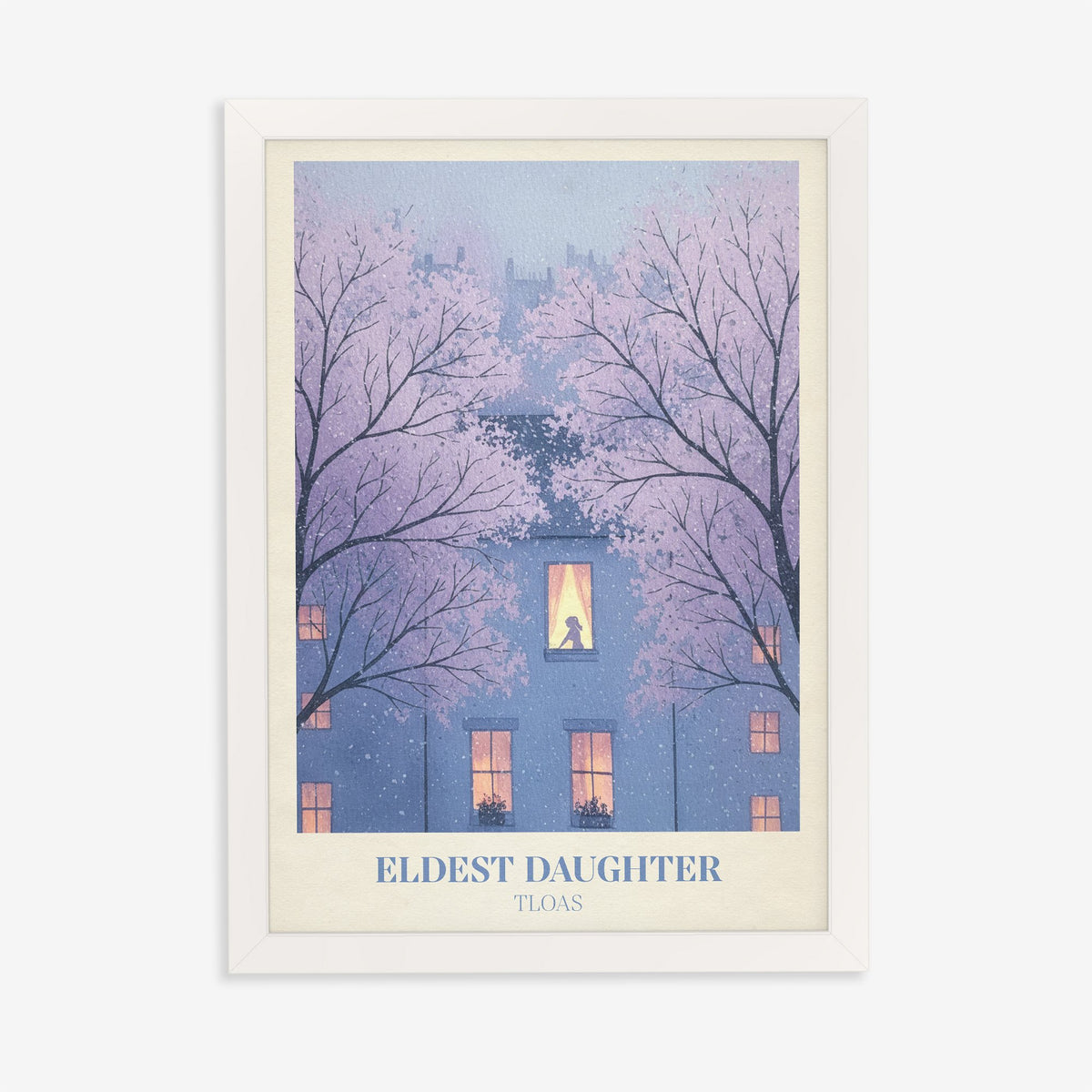 Eldest Daughter Taylor Swift print of a glowing window in a blue house among blossom trees, in a white frame on a plain wall