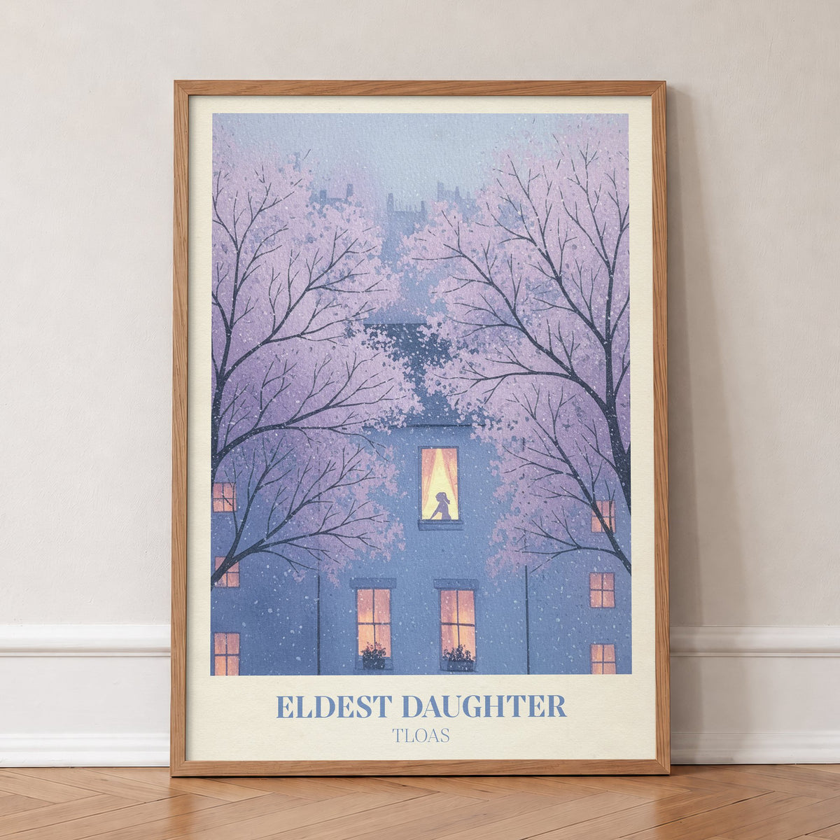 Eldest Daughter Taylor Swift print of a glowing window in a blue house among blossom trees, in an oak frame, leaning against a wall on a herringbone floor
