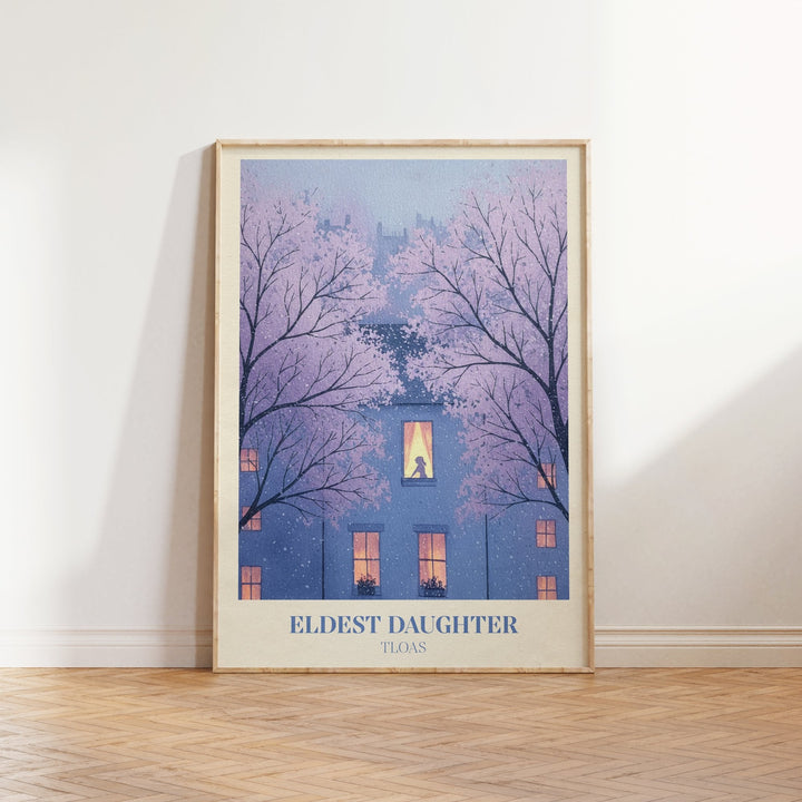 Eldest Daughter lyric print inspired by Taylor Swift leaning against a white wall on a wooden herringbone floor in soft daylight