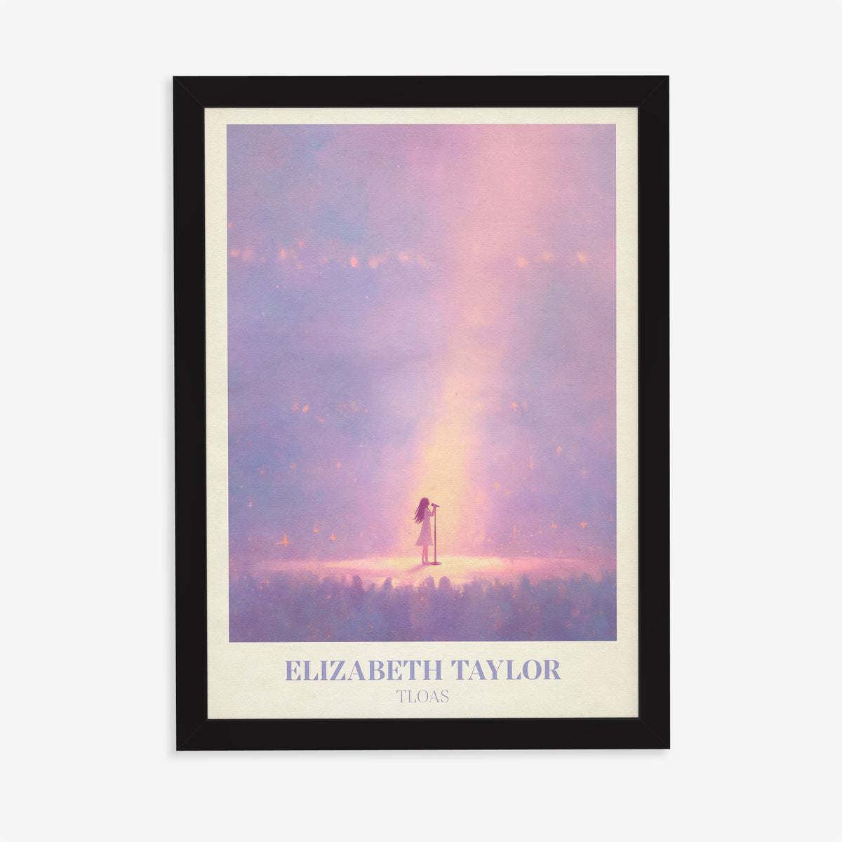 Elizabeth Taylor Taylor Swift print of a lone figure in a beam of pink light, in a black frame on a plain wall