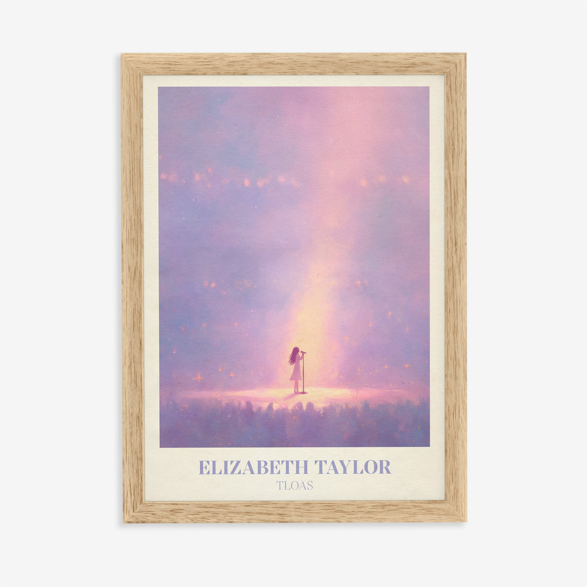 Elizabeth Taylor Taylor Swift print of a lone figure in a beam of pink light, in an oak frame on a plain wall