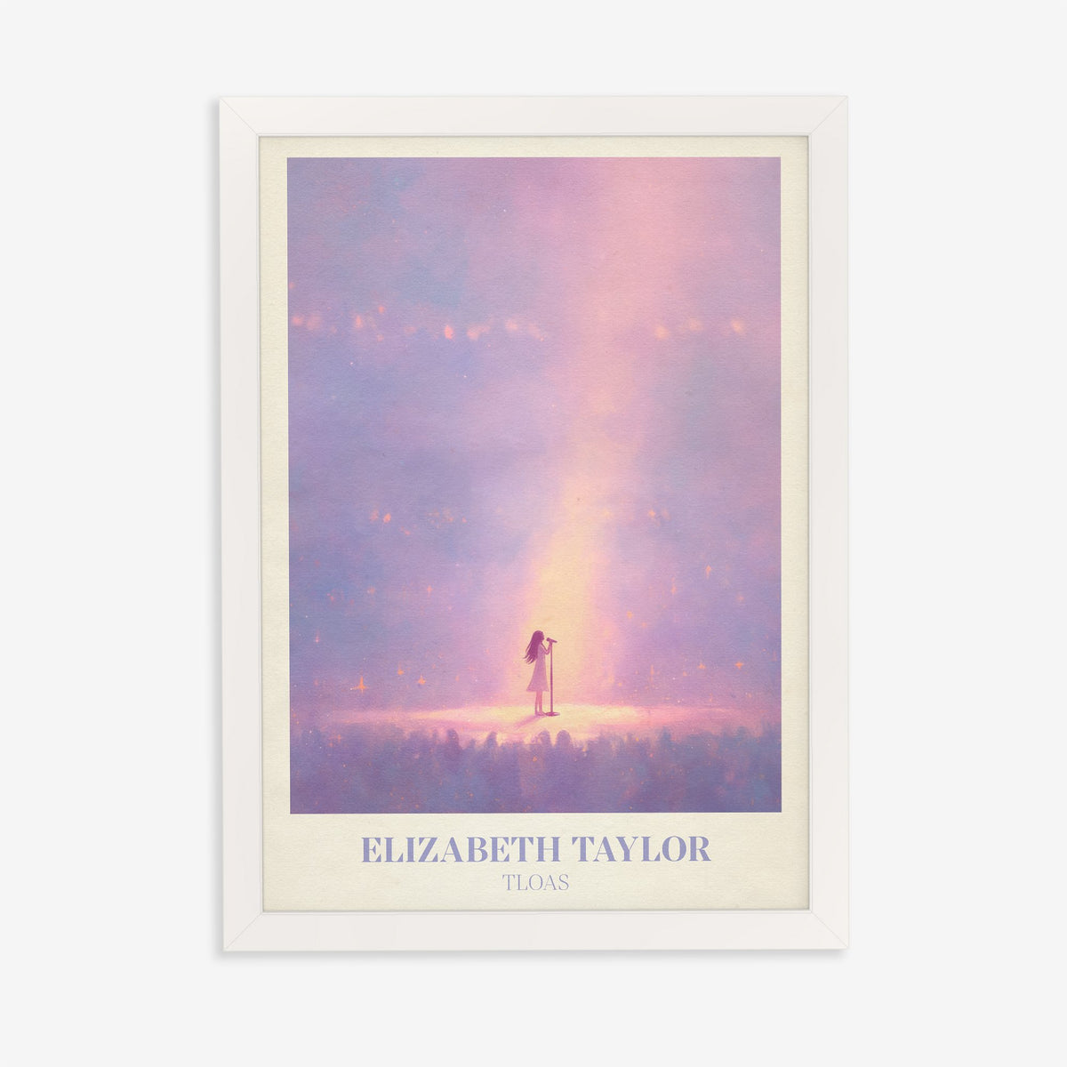 Elizabeth Taylor Taylor Swift print of a lone figure in a beam of pink light, in a white frame on a plain wall