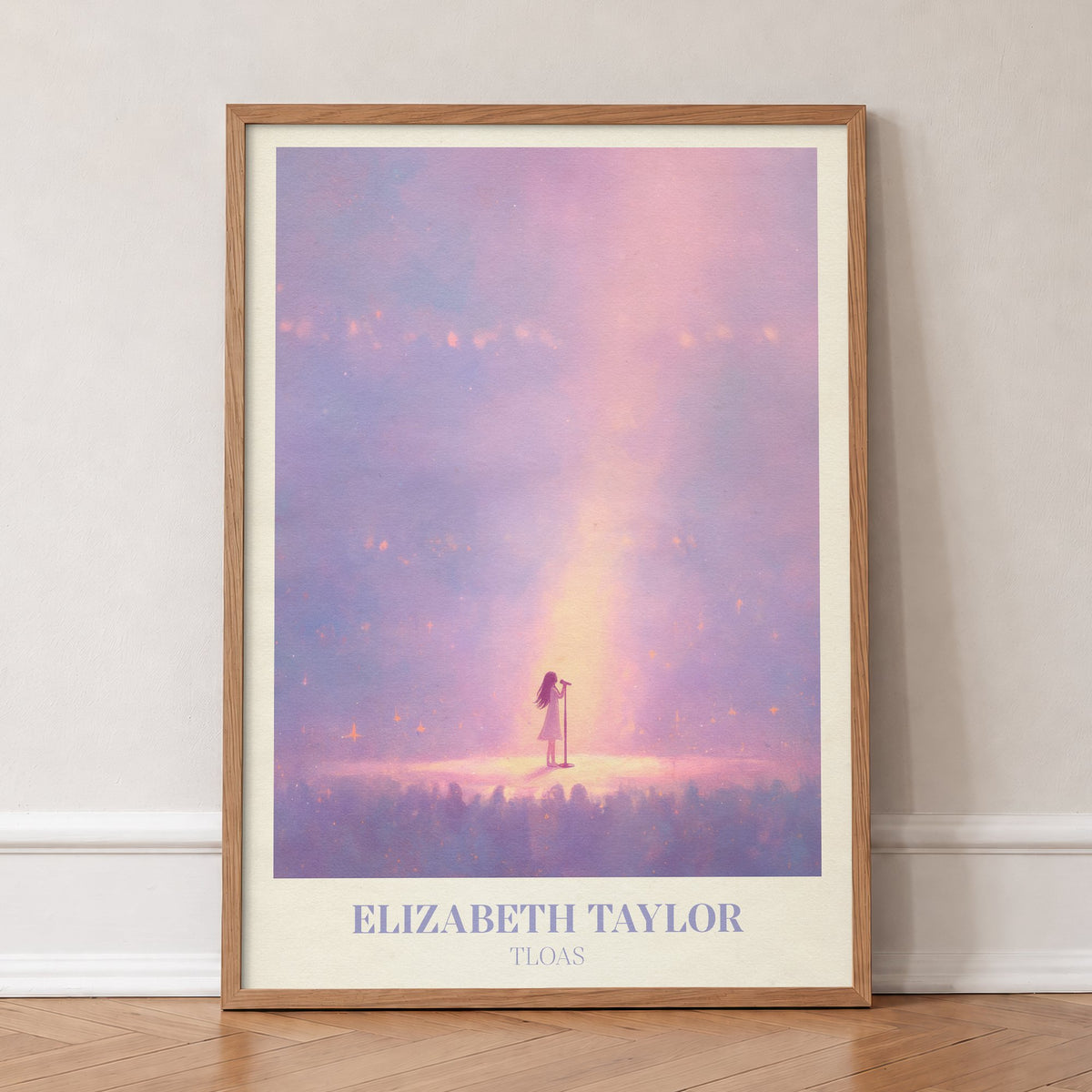 Elizabeth Taylor Taylor Swift print of a lone figure in a beam of pink light, in an oak frame, leaning against a wall on a herringbone floor