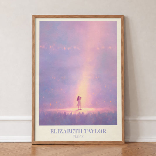 Elizabeth Taylor Taylor Swift print of a lone figure in a beam of pink light, in an oak frame, leaning against a wall on a herringbone floor