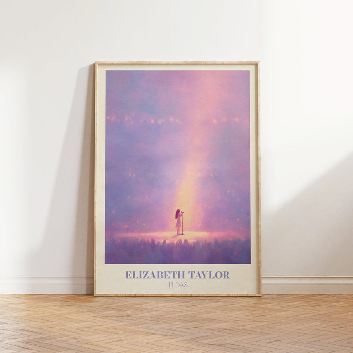 Elizabeth Taylor lyric print inspired by Taylor Swift leaning against a white wall on a wooden herringbone floor in soft daylight