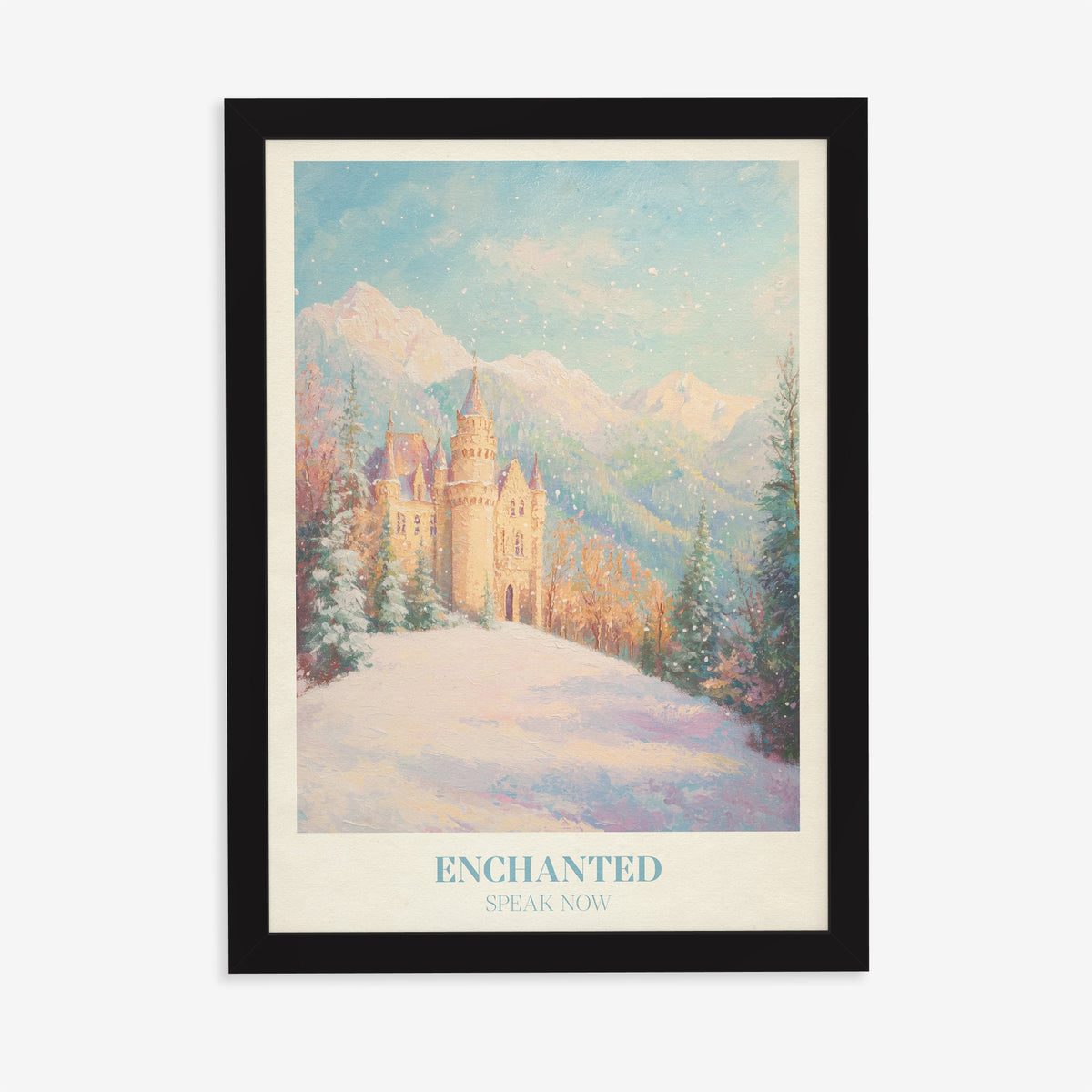 Enchanted Christmas Taylor Swift print of a castle on a snowy hill below the mountains, in a black frame on a plain wall