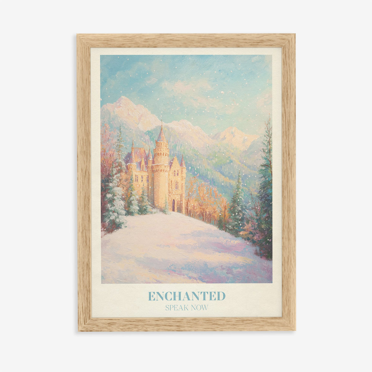 Enchanted Christmas Taylor Swift print of a castle on a snowy hill below the mountains, in an oak frame on a plain wall
