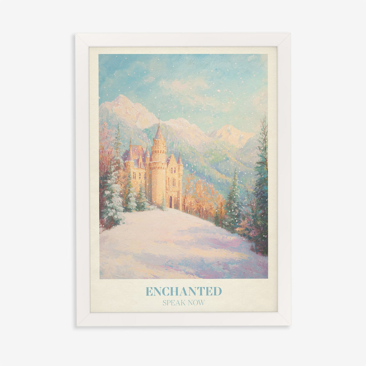 Enchanted Christmas Taylor Swift print of a castle on a snowy hill below the mountains, in a white frame on a plain wall