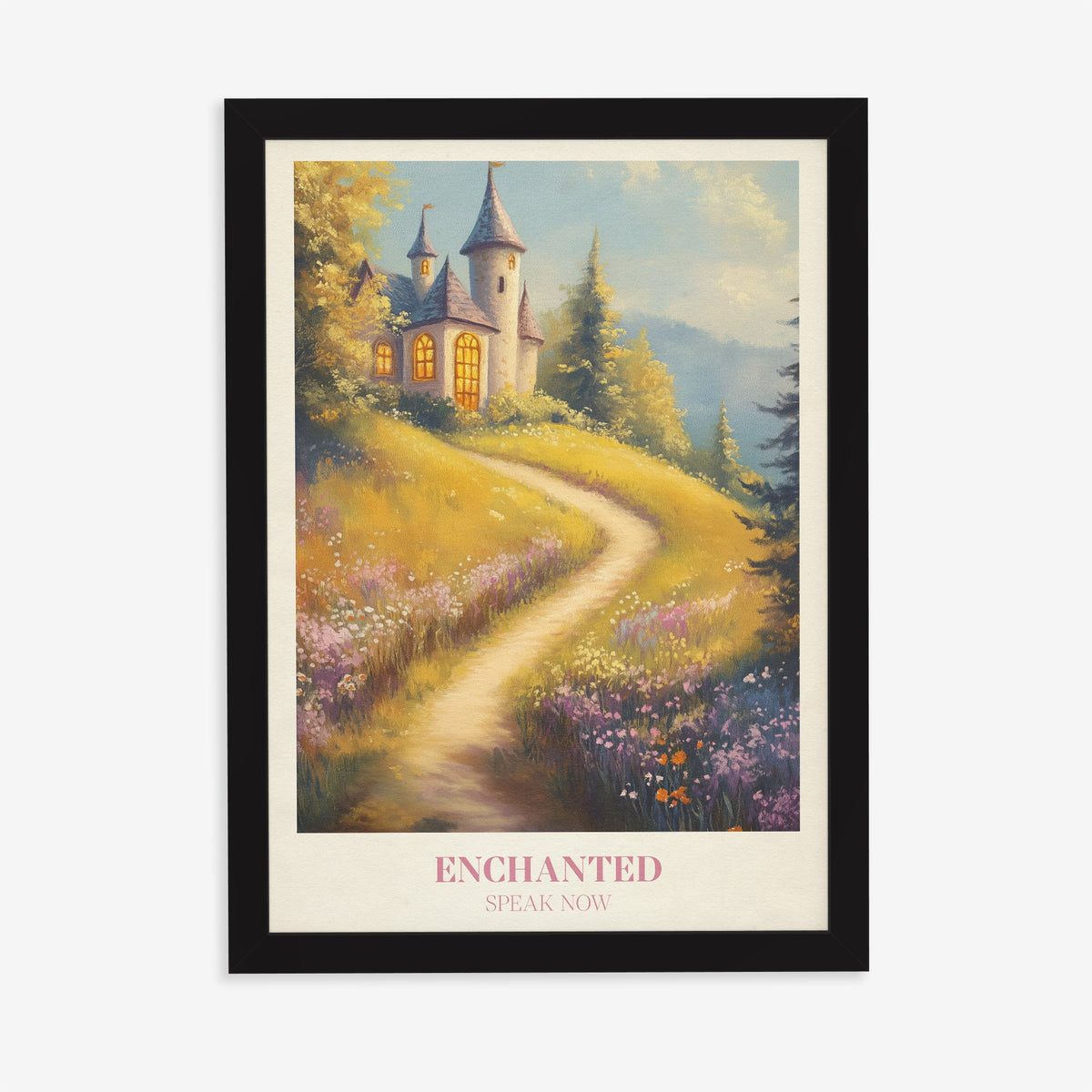 Enchanted Taylor Swift print of a castle on a hill above a path through wildflowers, in a black frame on a plain wall