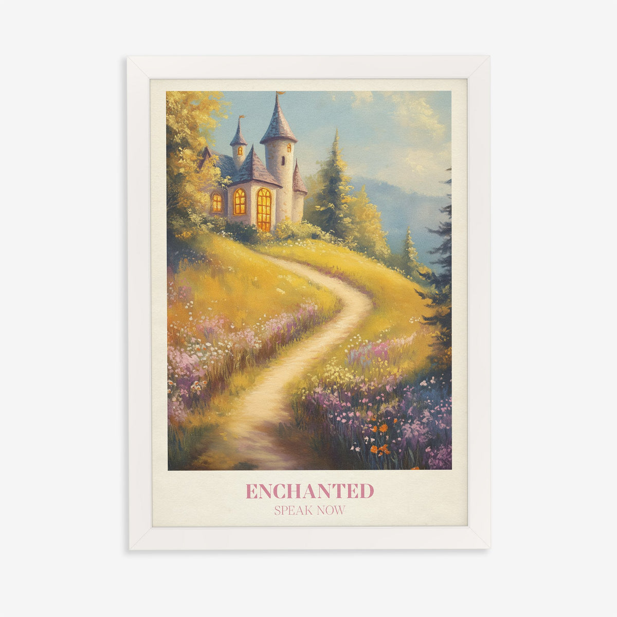 Enchanted Taylor Swift print of a castle on a hill above a path through wildflowers, in a white frame on a plain wall