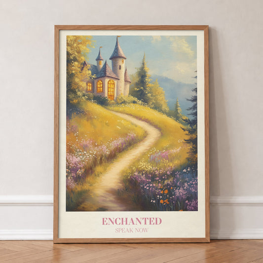 Enchanted Taylor Swift print of a castle on a hill above a path through wildflowers, in an oak frame, leaning against a wall on a herringbone floor