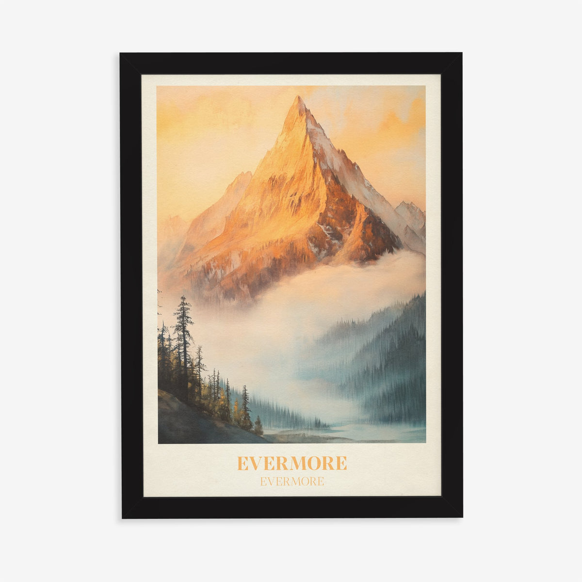 Evermore Taylor Swift print of a golden mountain peak above mist and pine trees, in a black frame on a plain wall