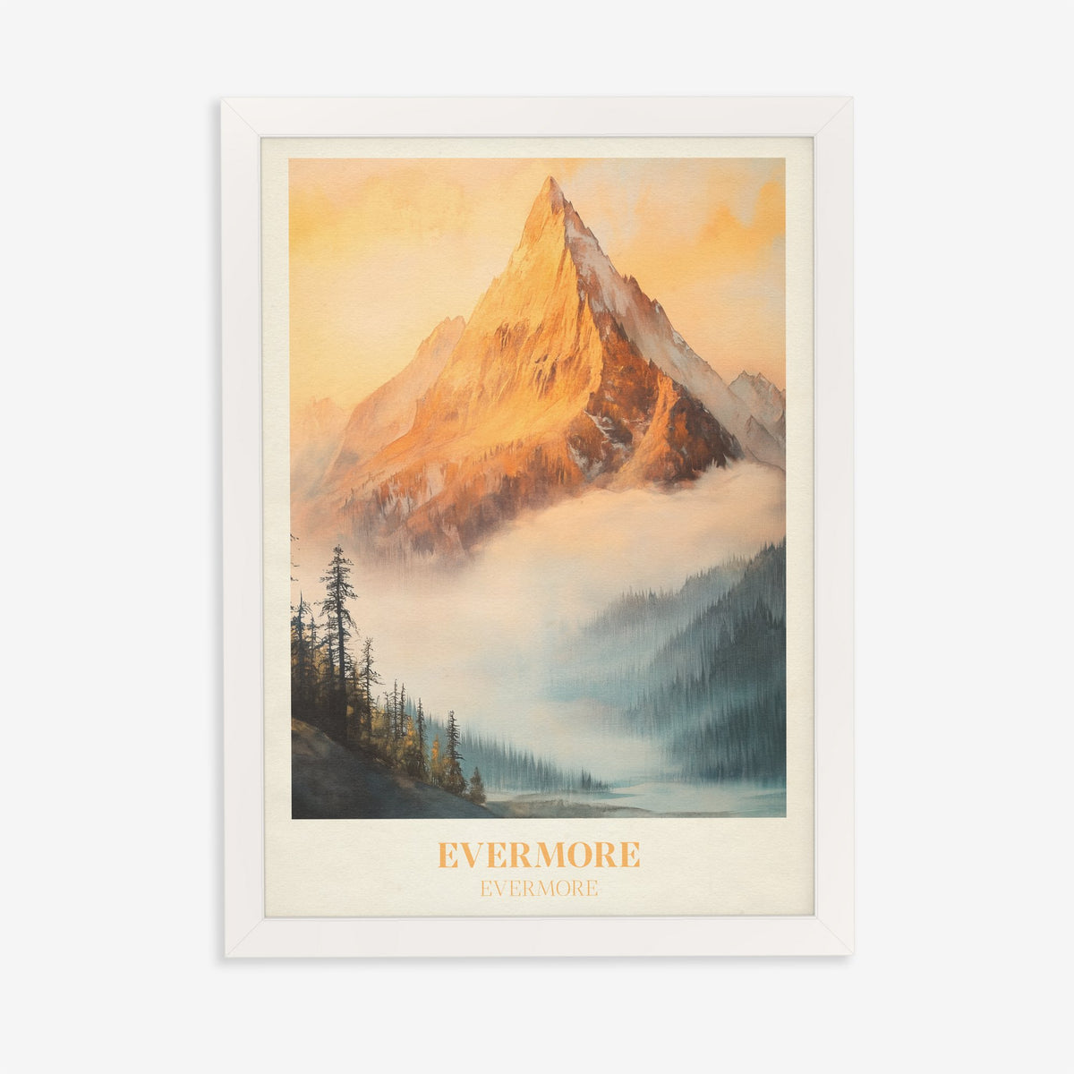 Evermore Taylor Swift print of a golden mountain peak above mist and pine trees, in a white frame on a plain wall