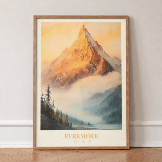 Evermore Taylor Swift print of a golden mountain peak above mist and pine trees, in an oak frame, leaning against a wall on a herringbone floor