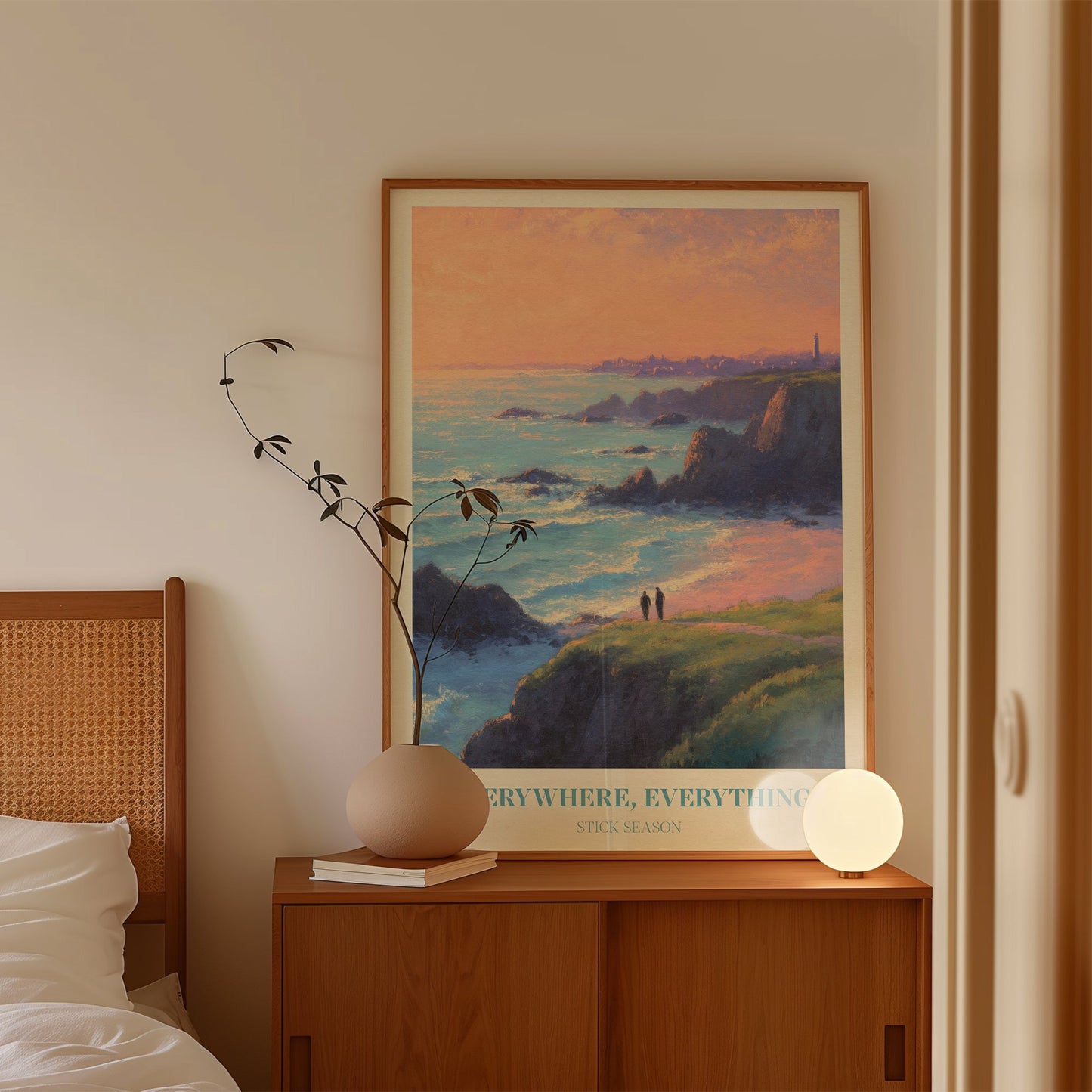 Everywhere, Everything lyric wall art print inspired by Noah Kahan leaning on a wooden sideboard in a Scandi bedroom