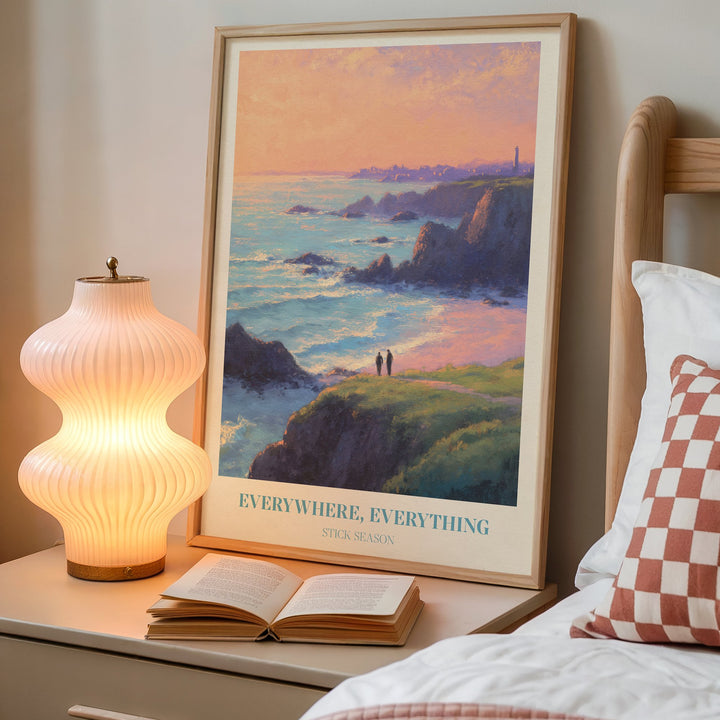 Everywhere, Everything lyric print inspired by Noah Kahan leaning against a white wall on a wooden herringbone floor in soft daylight