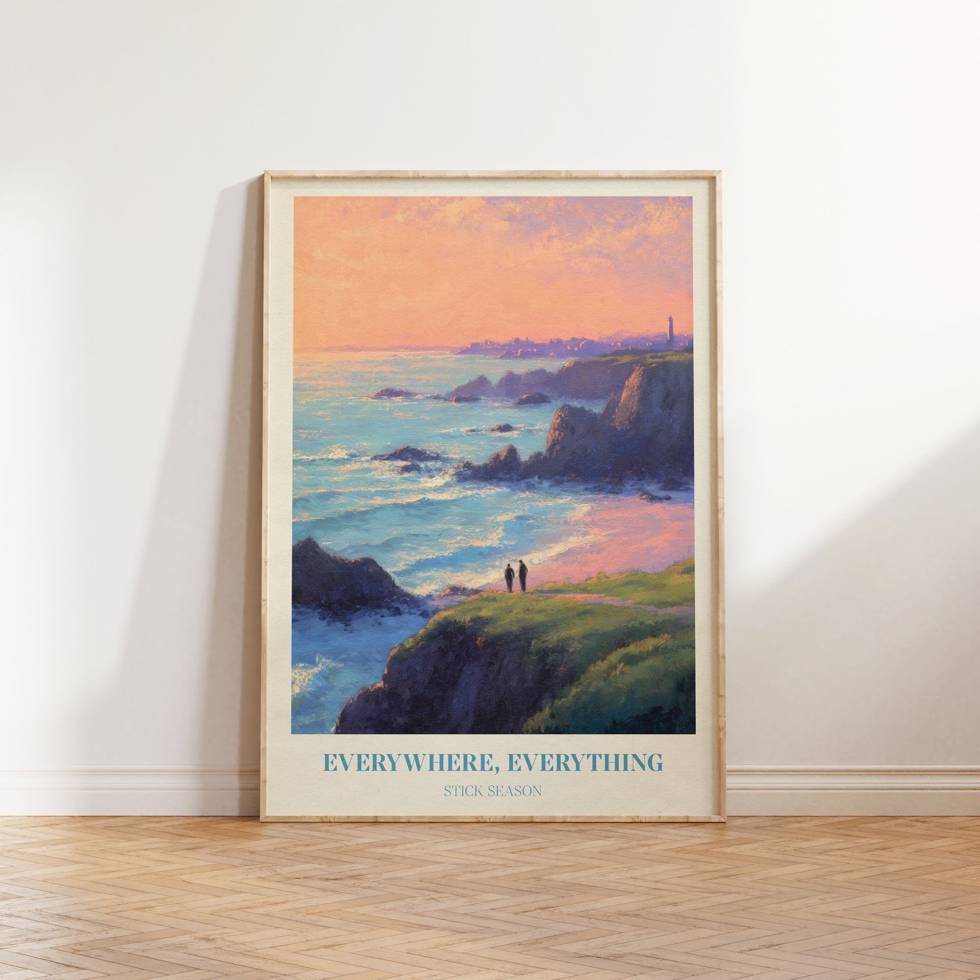 Everywhere, Everything lyric print inspired by Noah Kahan leaning against a white wall on a wooden herringbone floor in soft daylight