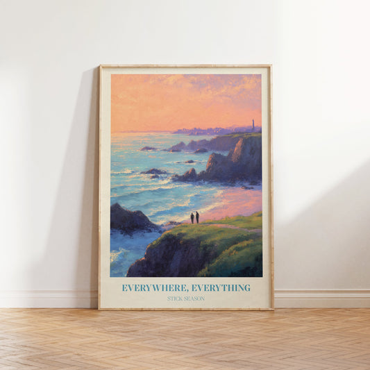 Everywhere, Everything lyric print inspired by Noah Kahan leaning against a white wall on a wooden herringbone floor in soft daylight