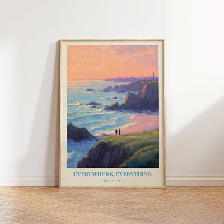 Everywhere, Everything lyric print inspired by Noah Kahan leaning against a white wall on a wooden herringbone floor in soft daylight