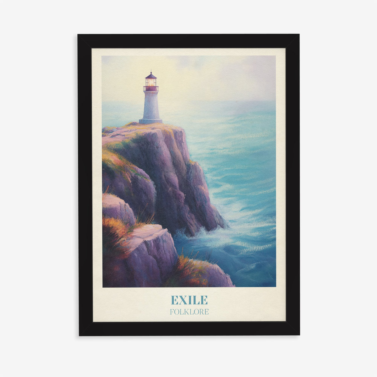 Exile Taylor Swift print of a white lighthouse on a cliff above a turquoise sea, in a black frame on a plain wall