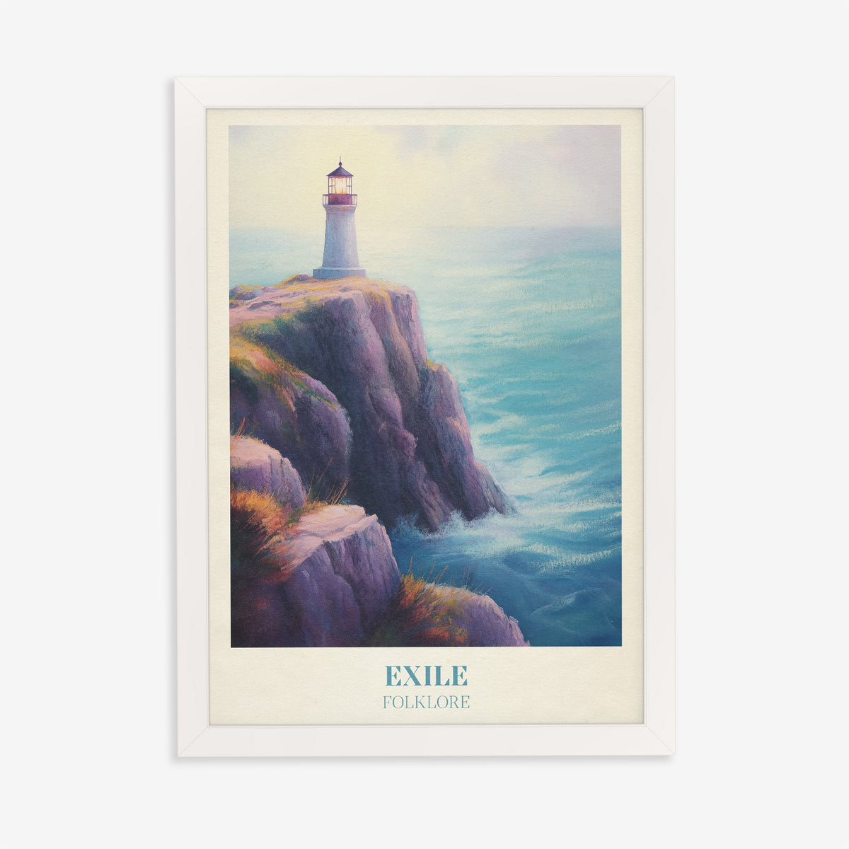 Exile Taylor Swift print of a white lighthouse on a cliff above a turquoise sea, in a white frame on a plain wall