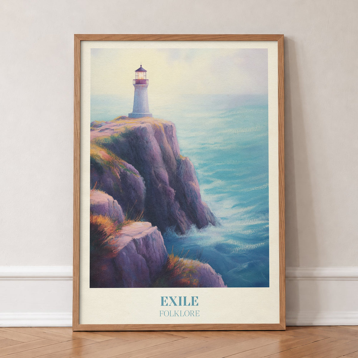 Exile Taylor Swift print of a white lighthouse on a cliff above a turquoise sea, in an oak frame, leaning against a wall on a herringbone floor