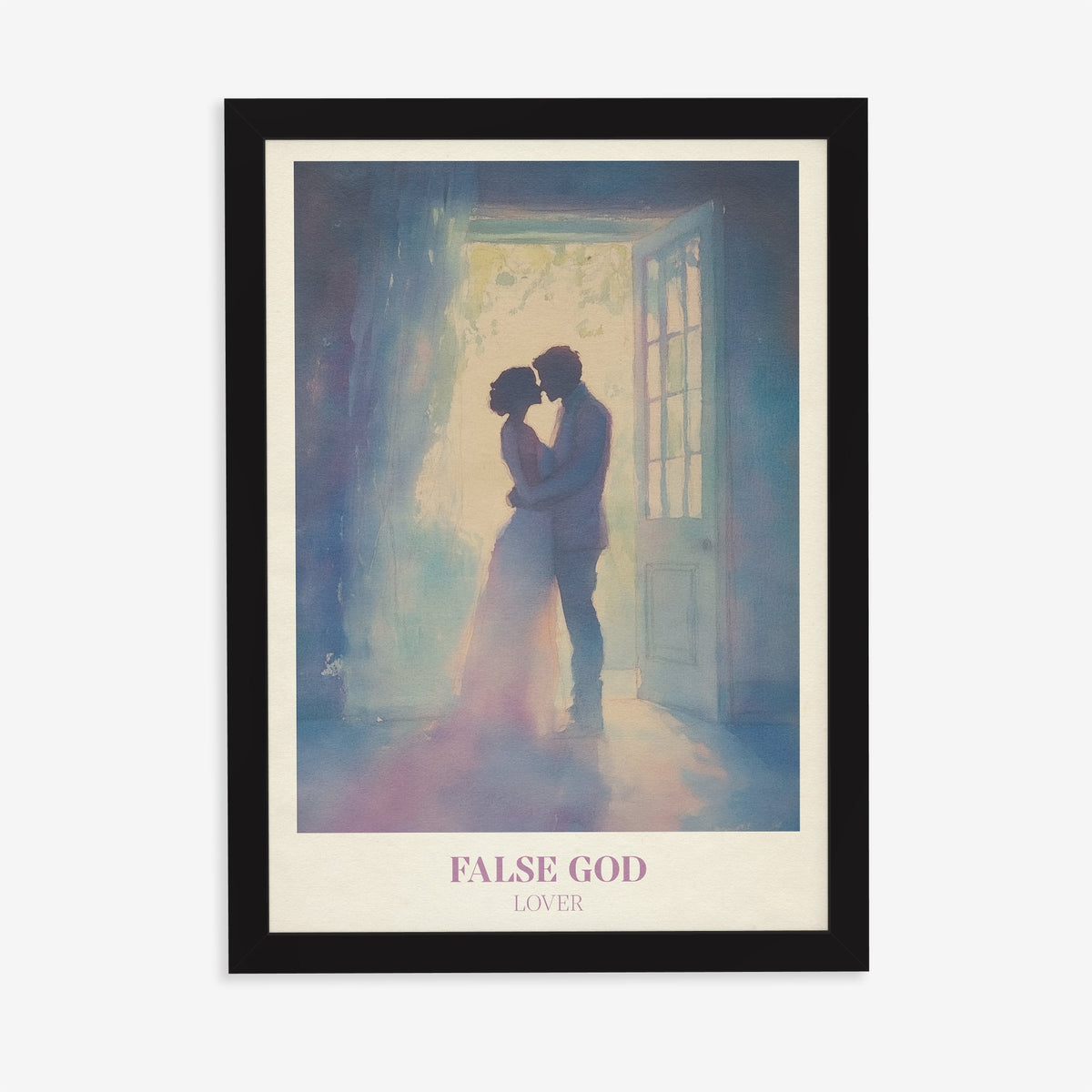 False God Taylor Swift print of a couple kissing in a sunlit doorway, in a black frame on a plain wall