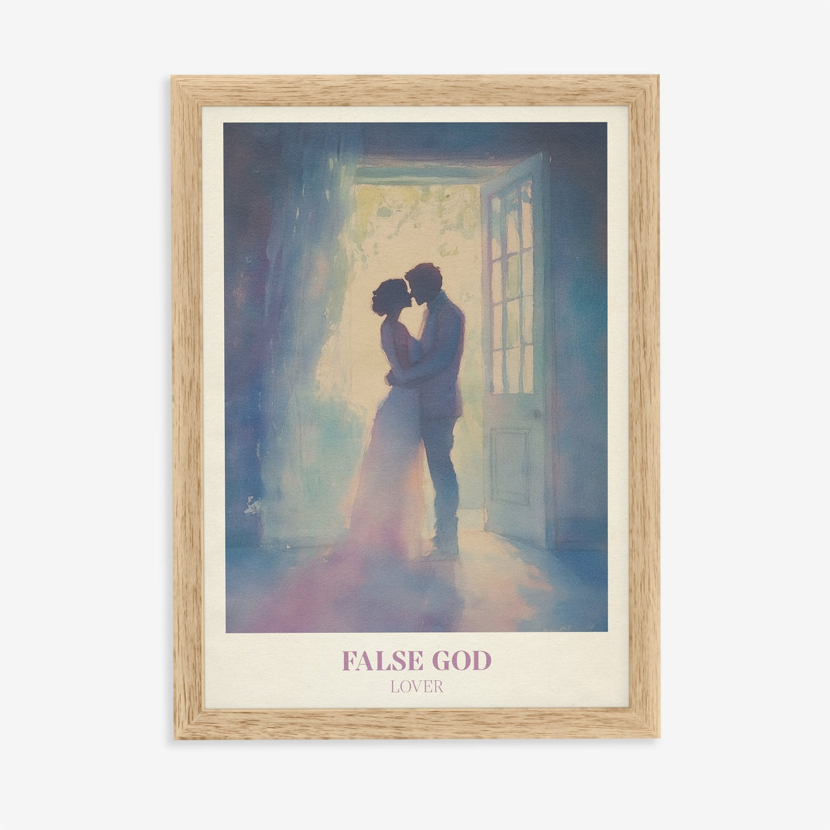 False God Taylor Swift print of a couple kissing in a sunlit doorway, in an oak frame on a plain wall