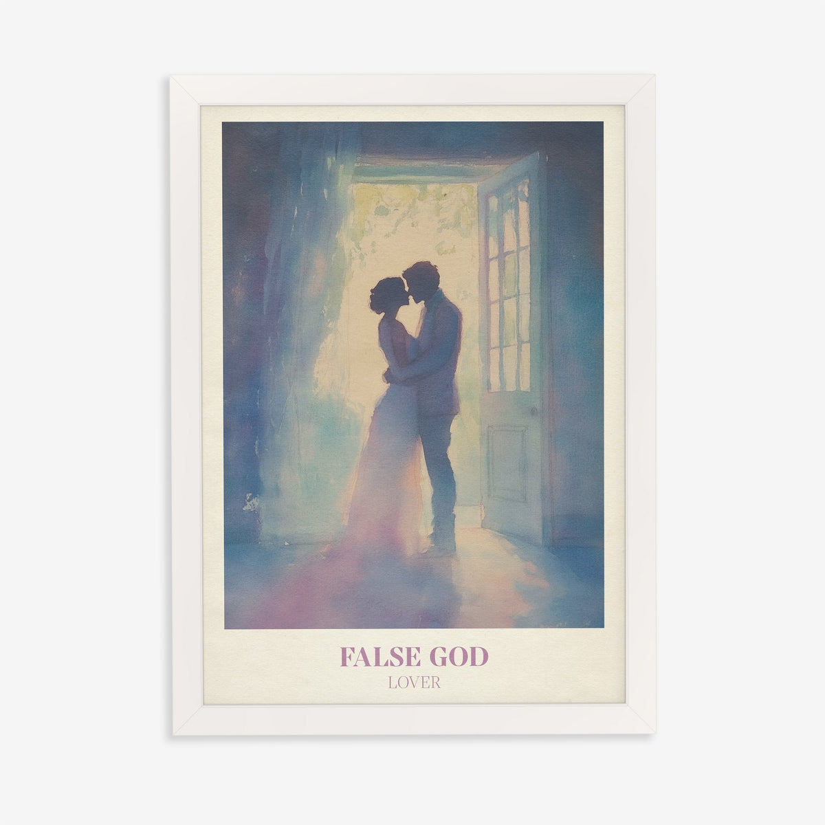 False God Taylor Swift print of a couple kissing in a sunlit doorway, in a white frame on a plain wall