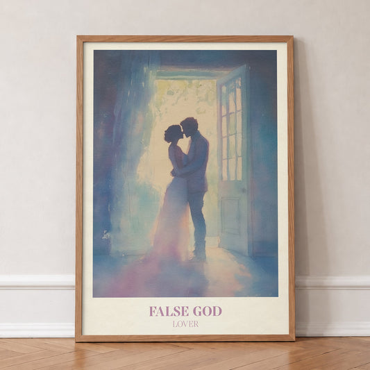 False God Taylor Swift print of a couple kissing in a sunlit doorway, in an oak frame, leaning against a wall on a herringbone floor