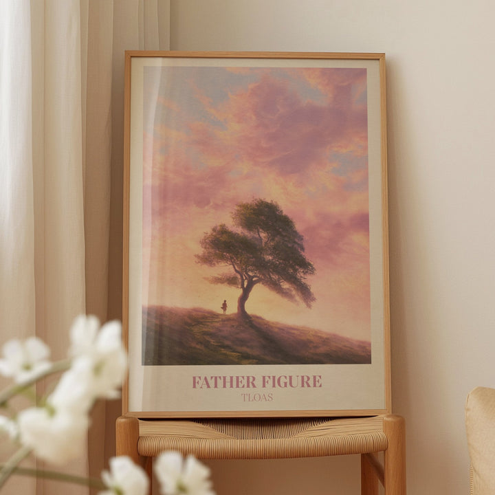Father Figure lyric wall art print inspired by Taylor Swift leaning against a white wall on a wooden herringbone floor in soft daylight