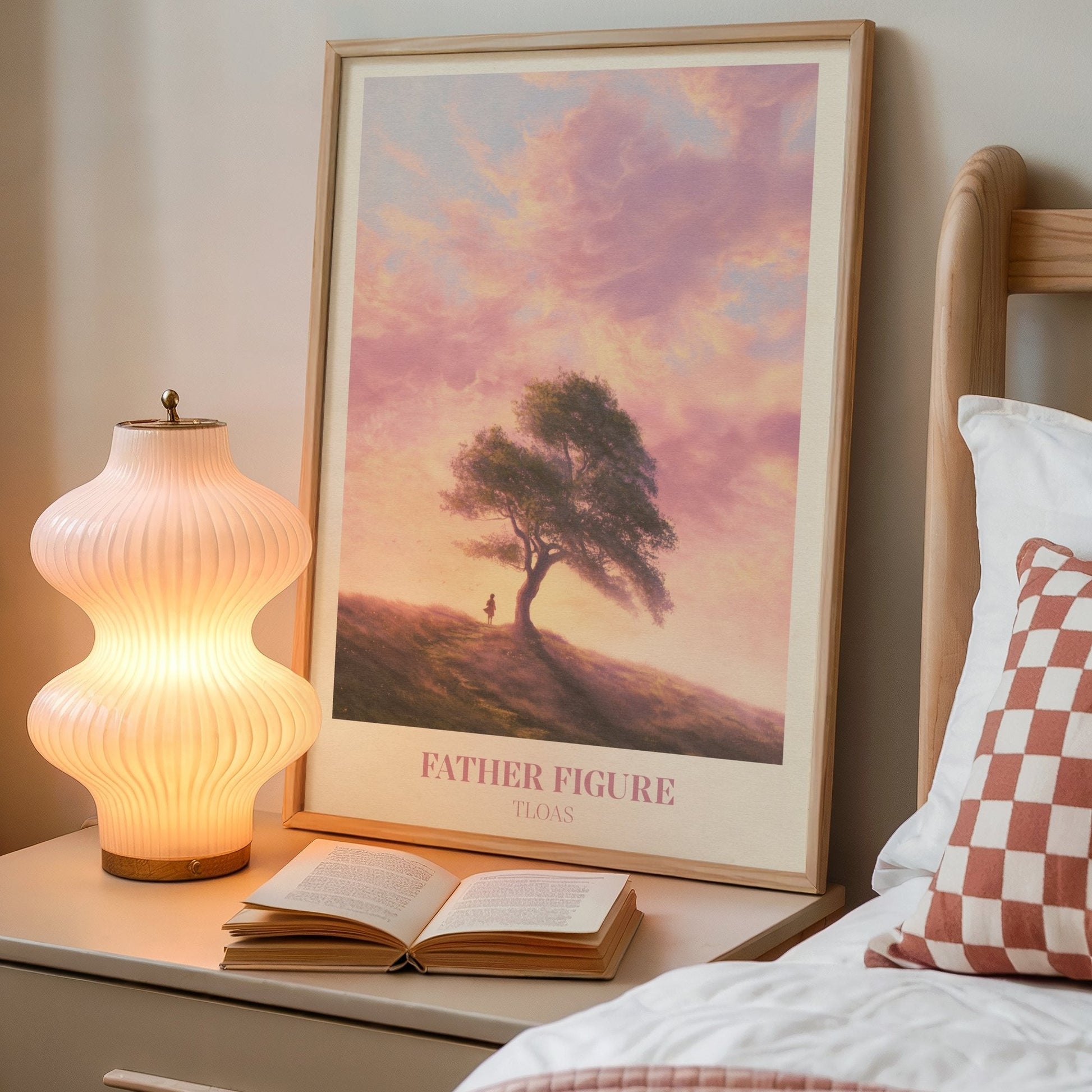 Father Figure lyric wall art print inspired by Taylor Swift on a bedside table next to a lamp