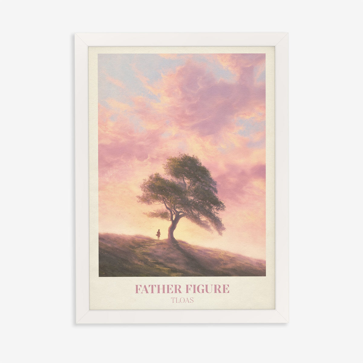 Father Figure Taylor Swift print of two figures under a windswept tree at sunset, in a white frame on a plain wall