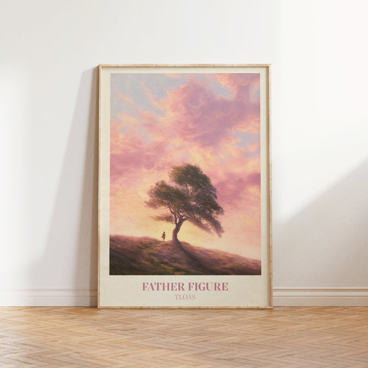 Father Figure lyric wall art print inspired by Taylor Swift leaning against a white wall on a wooden herringbone floor in soft daylight