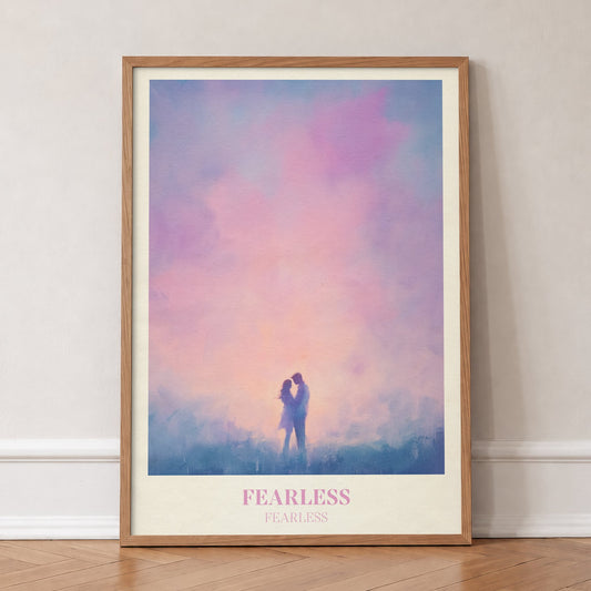 Fearless Twilight Taylor Swift print of a couple embracing under pink and violet clouds, in an oak frame, leaning against a wall on a herringbone floor