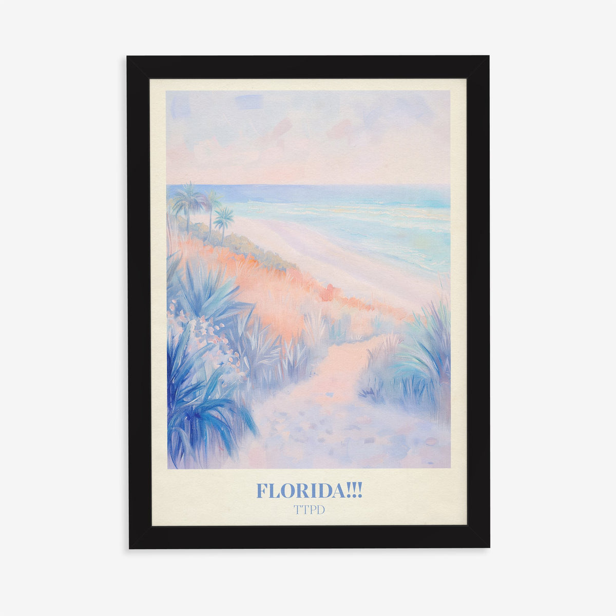 Florida!!! Pastel Taylor Swift print of a pastel path through dunes and palms to the sea, in a black frame on a plain wall
