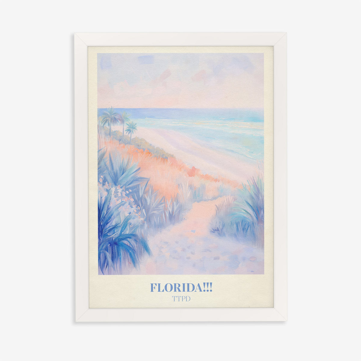 Florida!!! Pastel Taylor Swift print of a pastel path through dunes and palms to the sea, in a white frame on a plain wall